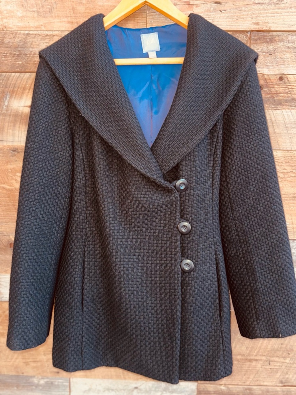 J. Jill Black Basketweave Wool Blend Hooded Coat Jacket Purple Lined Size Large